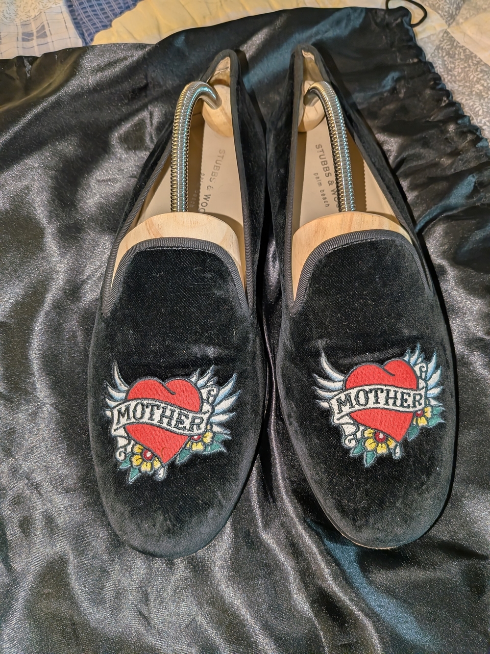 Stubbs & Wootton Black Velvet Slip-On Loafers with Cream Insole